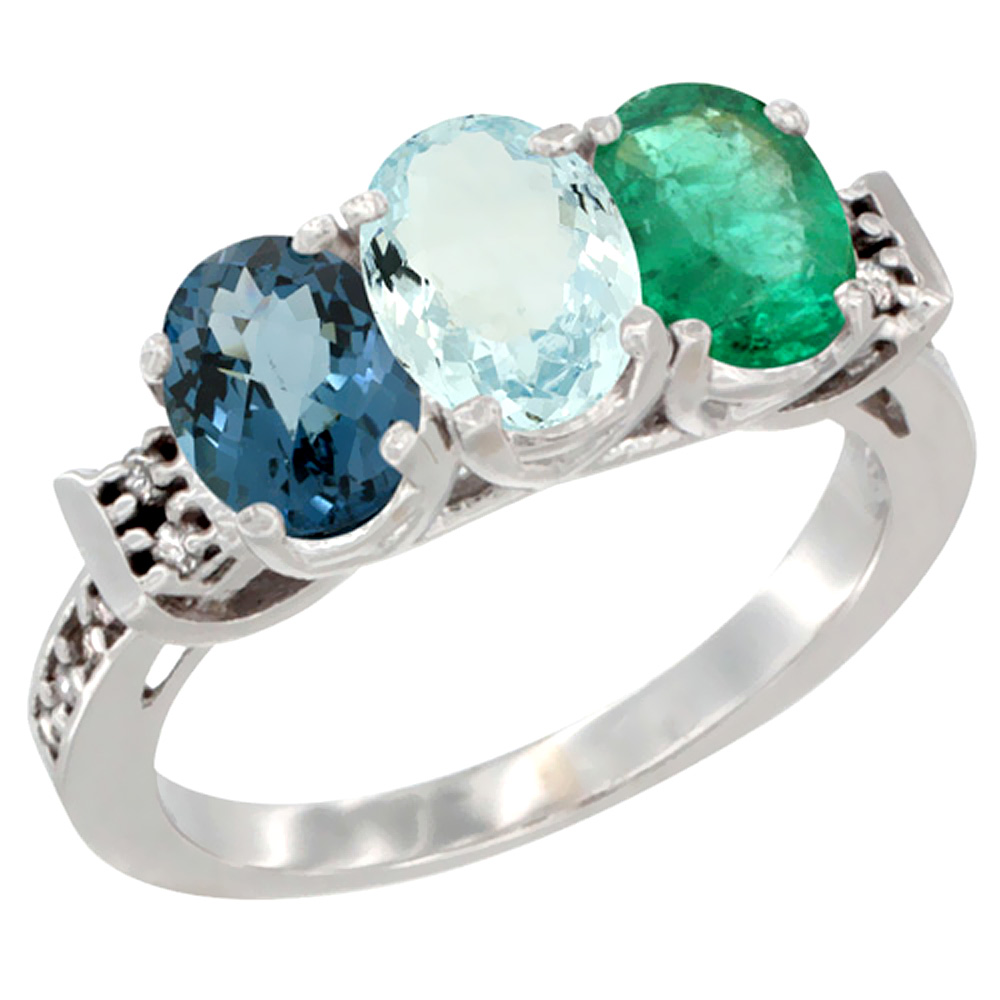 14K White Gold Natural London Blue Topaz, Aquamarine & Emerald Ring 3-Stone 7x5 mm Oval Diamond Accent, sizes 5 - 10