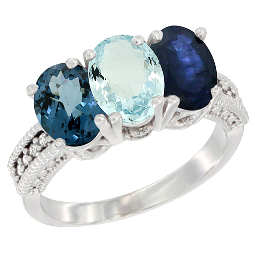 10K White Gold Natural London Blue Topaz, Aquamarine &amp; Blue Sapphire Ring 3-Stone Oval 7x5 mm Diamond Accent, sizes 5 - 10