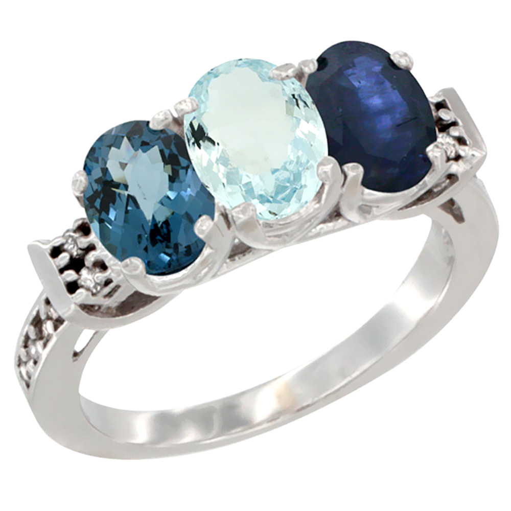 14K White Gold Natural London Blue Topaz, Aquamarine & Blue Sapphire Ring 3-Stone 7x5 mm Oval Diamond Accent, sizes 5 - 10