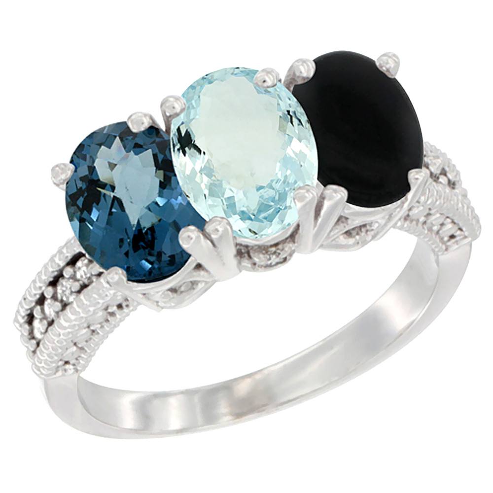 14K White Gold Natural London Blue Topaz, Aquamarine &amp; Black Onyx Ring 3-Stone 7x5 mm Oval Diamond Accent, sizes 5 - 10