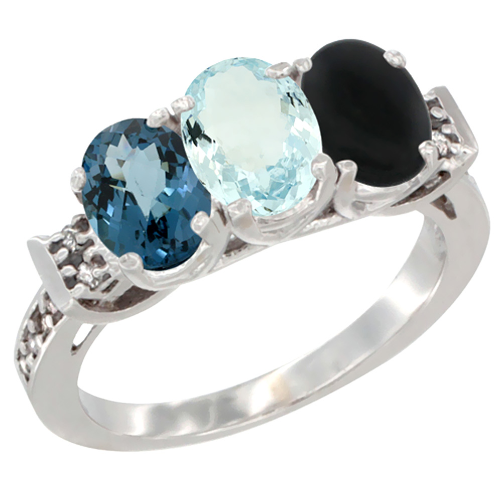 10K White Gold Natural London Blue Topaz, Aquamarine & Black Onyx Ring 3-Stone Oval 7x5 mm Diamond Accent, sizes 5 - 10
