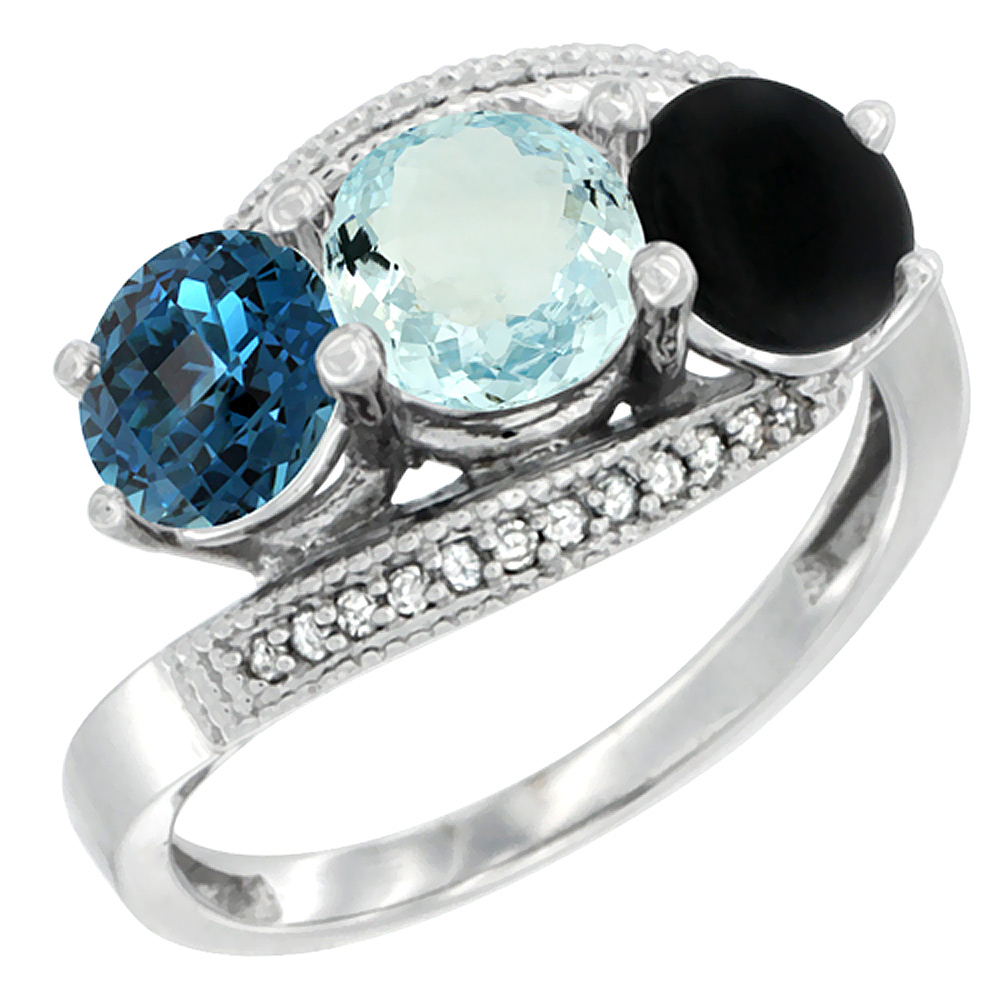 10K White Gold Natural London Blue Topaz, Aquamarine &amp; Black Onyx 3 stone Ring Round 6mm Diamond Accent, sizes 5 - 10