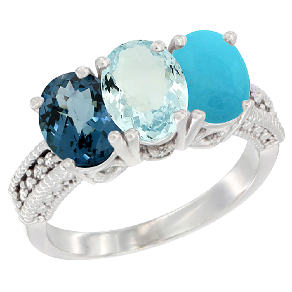 10K White Gold Natural London Blue Topaz, Aquamarine & Turquoise Ring 3-Stone Oval 7x5 mm Diamond Accent, sizes 5 - 10