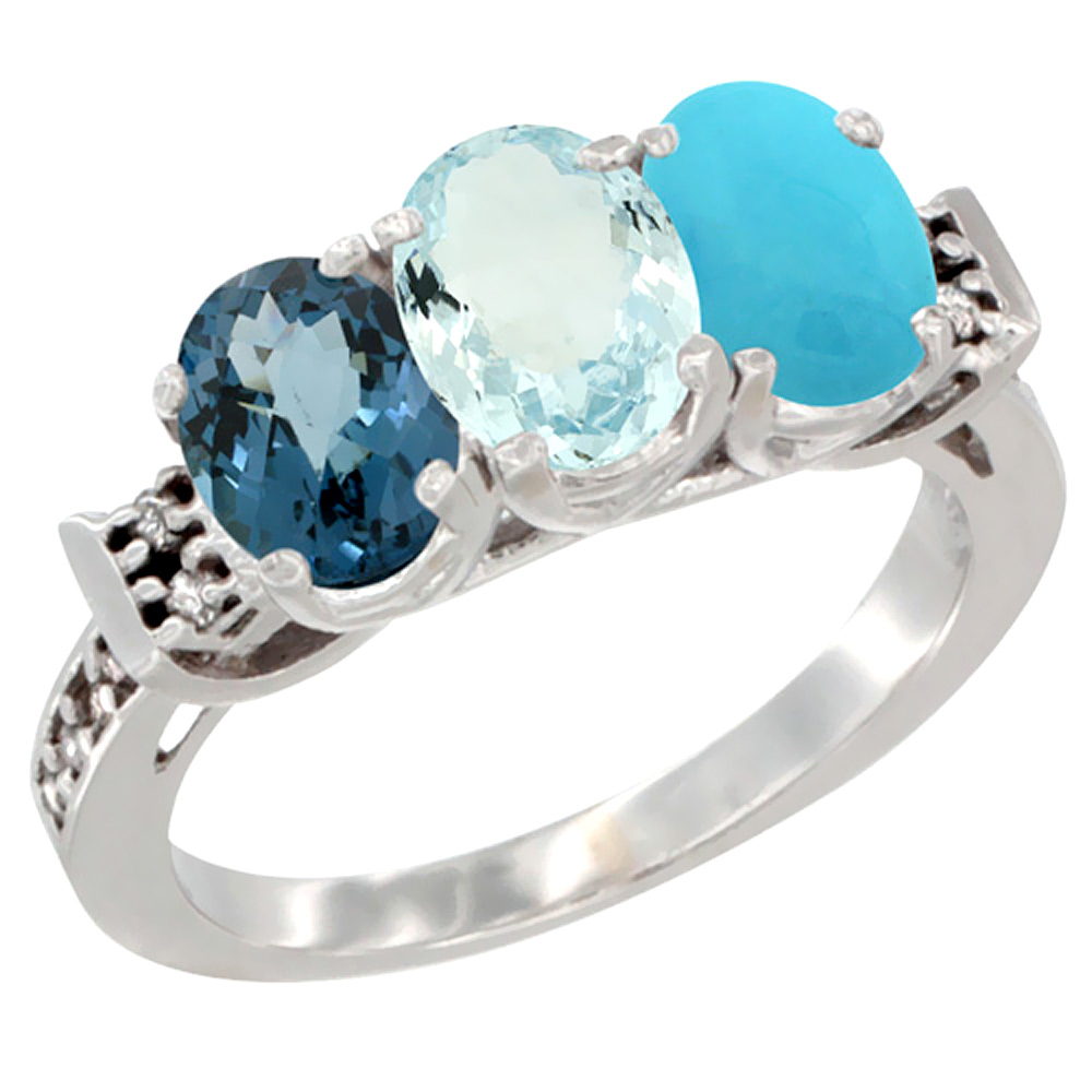 10K White Gold Natural London Blue Topaz, Aquamarine & Turquoise Ring 3-Stone Oval 7x5 mm Diamond Accent, sizes 5 - 10