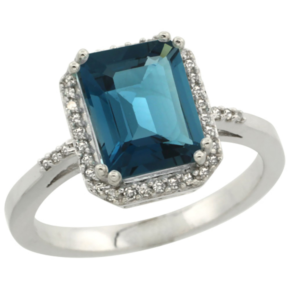 14K White Gold Diamond Natural London Blue Topaz Ring Emerald-cut 9x7mm, sizes 5-10