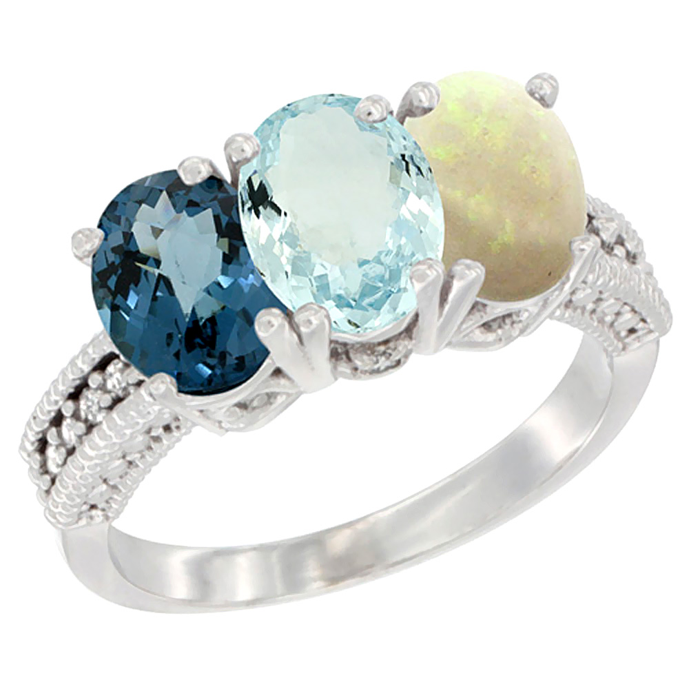 10K White Gold Natural London Blue Topaz, Aquamarine &amp; Opal Ring 3-Stone Oval 7x5 mm Diamond Accent, sizes 5 - 10