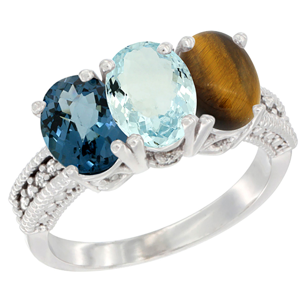 14K White Gold Natural London Blue Topaz, Aquamarine &amp; Tiger Eye Ring 3-Stone 7x5 mm Oval Diamond Accent, sizes 5 - 10