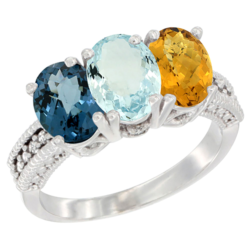 14K White Gold Natural London Blue Topaz, Aquamarine & Whisky Quartz Ring 3-Stone 7x5 mm Oval Diamond Accent, sizes 5 - 10