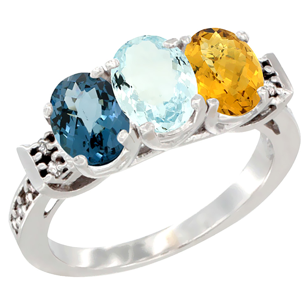 14K White Gold Natural London Blue Topaz, Aquamarine &amp; Whisky Quartz Ring 3-Stone 7x5 mm Oval Diamond Accent, sizes 5 - 10