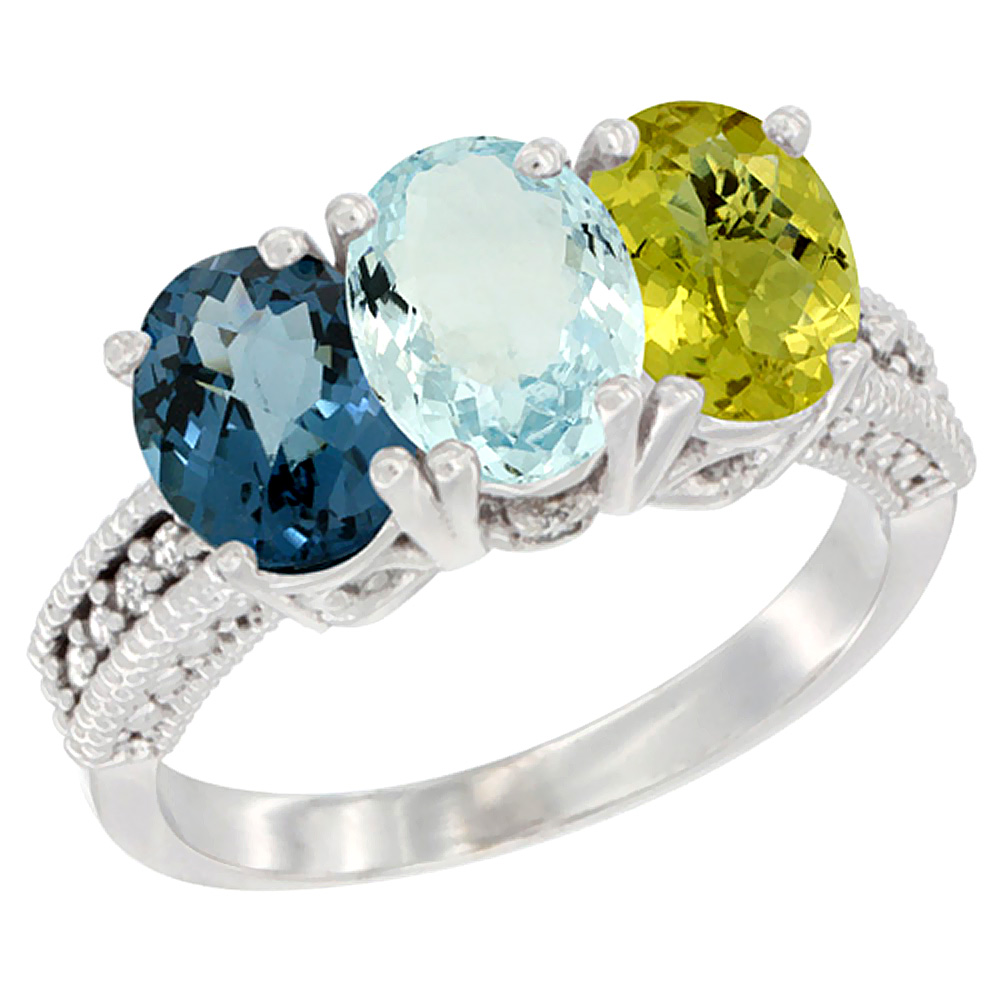 14K White Gold Natural London Blue Topaz, Aquamarine & Lemon Quartz Ring 3-Stone 7x5 mm Oval Diamond Accent, sizes 5 - 10