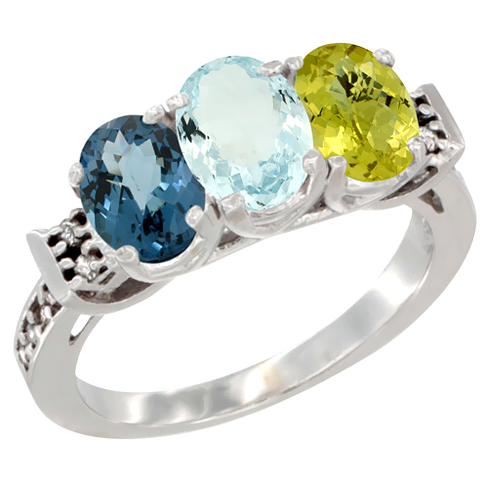 14K White Gold Natural London Blue Topaz, Aquamarine & Lemon Quartz Ring 3-Stone 7x5 mm Oval Diamond Accent, sizes 5 - 10