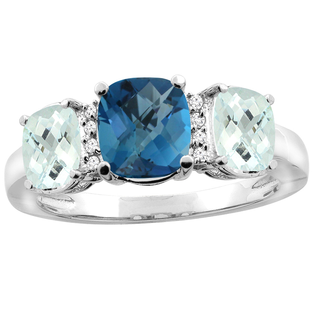 10K White Gold Natural London Blue Topaz &amp; Aquamarine 3-stone Ring Cushion 8x6mm Diamond Accent, sizes 5 - 10