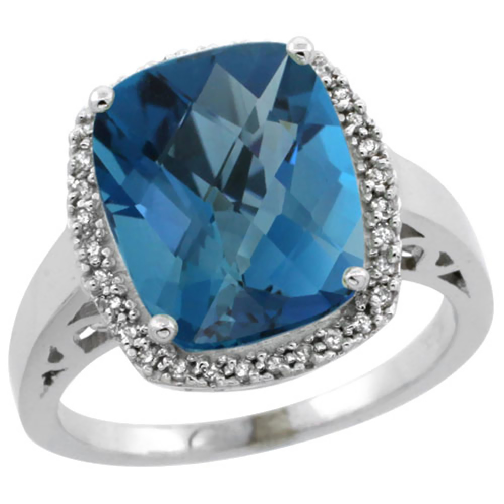 10K White Gold Diamond Natural London Blue Topaz Ring Cushion-cut 12x10mm, sizes 5-10