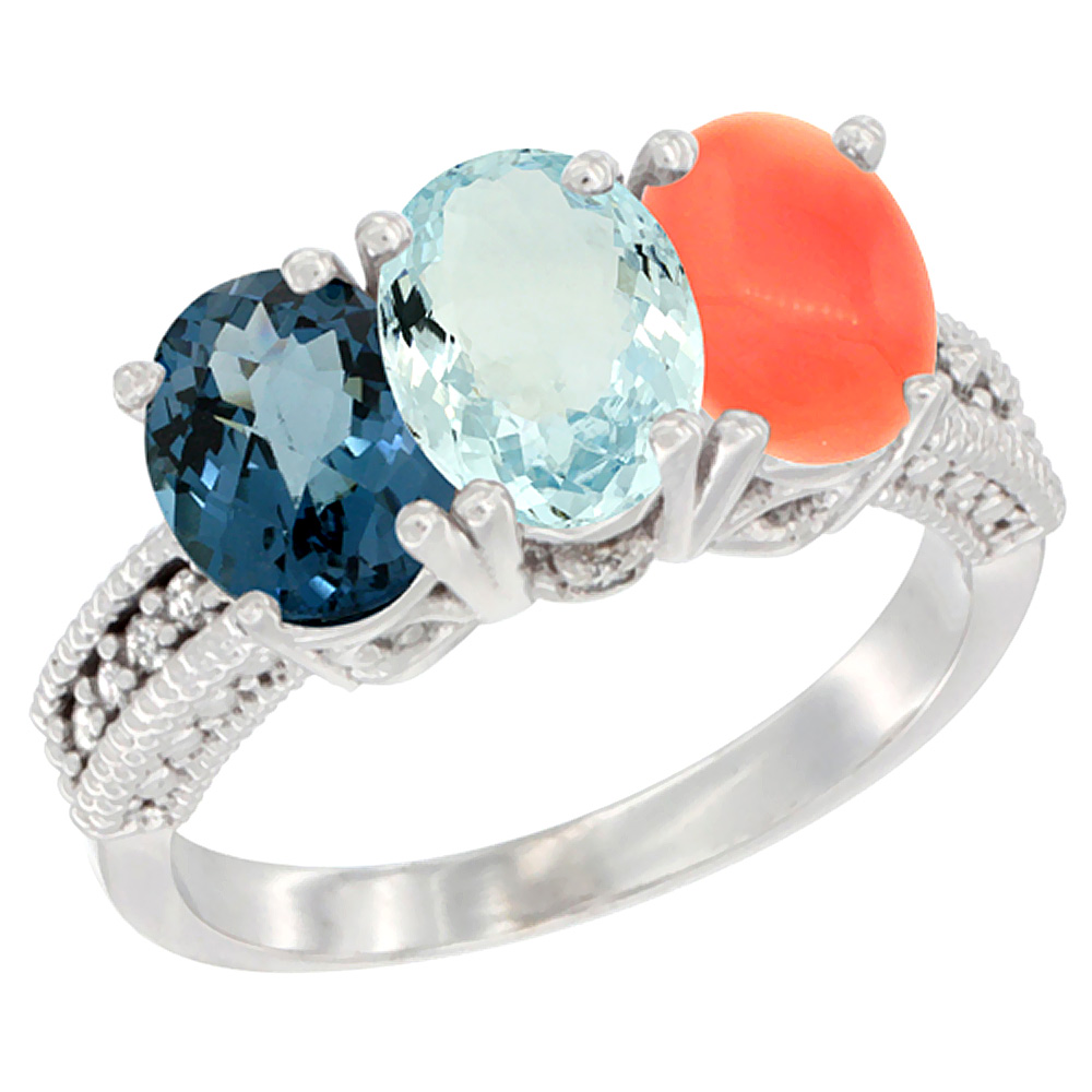 10K White Gold Natural London Blue Topaz, Aquamarine & Coral Ring 3-Stone Oval 7x5 mm Diamond Accent, sizes 5 - 10