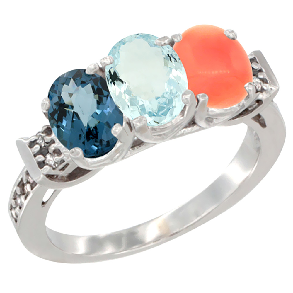 14K White Gold Natural London Blue Topaz, Aquamarine & Coral Ring 3-Stone 7x5 mm Oval Diamond Accent, sizes 5 - 10