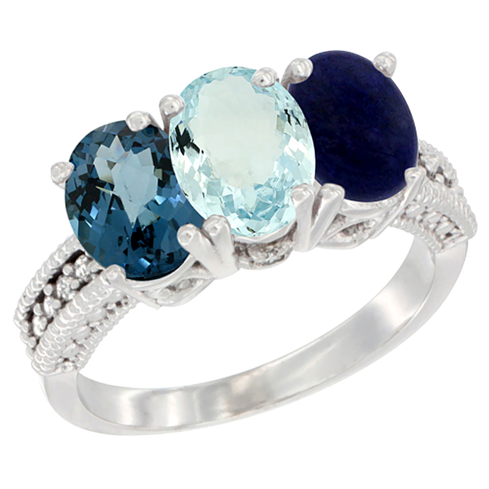 10K White Gold Natural London Blue Topaz, Aquamarine &amp; Lapis Ring 3-Stone Oval 7x5 mm Diamond Accent, sizes 5 - 10