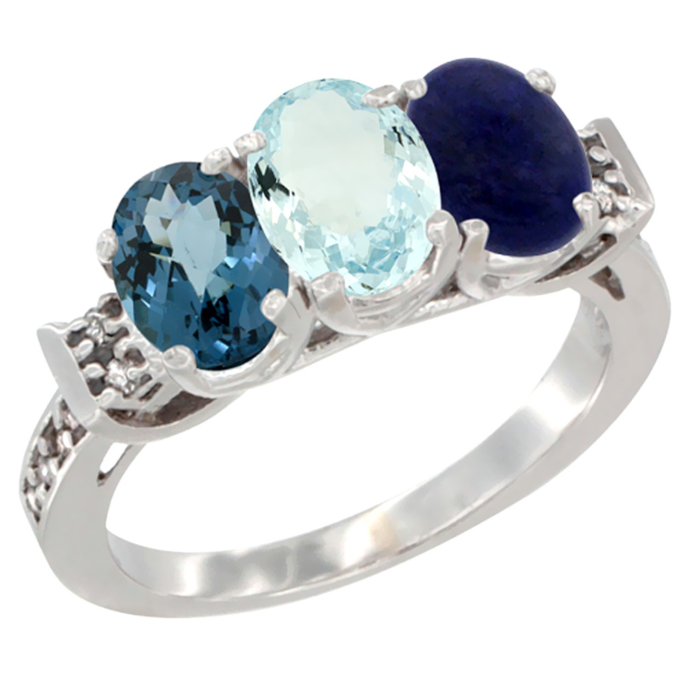 10K White Gold Natural London Blue Topaz, Aquamarine &amp; Lapis Ring 3-Stone Oval 7x5 mm Diamond Accent, sizes 5 - 10