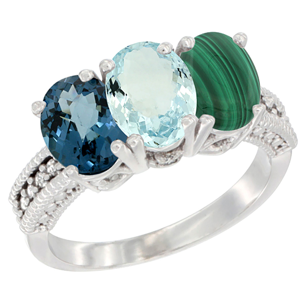 14K White Gold Natural London Blue Topaz, Aquamarine & Malachite Ring 3-Stone 7x5 mm Oval Diamond Accent, sizes 5 - 10