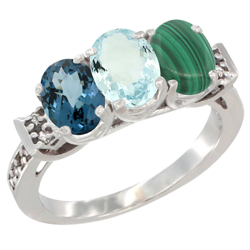 10K White Gold Natural London Blue Topaz, Aquamarine & Malachite Ring 3-Stone Oval 7x5 mm Diamond Accent, sizes 5 - 10