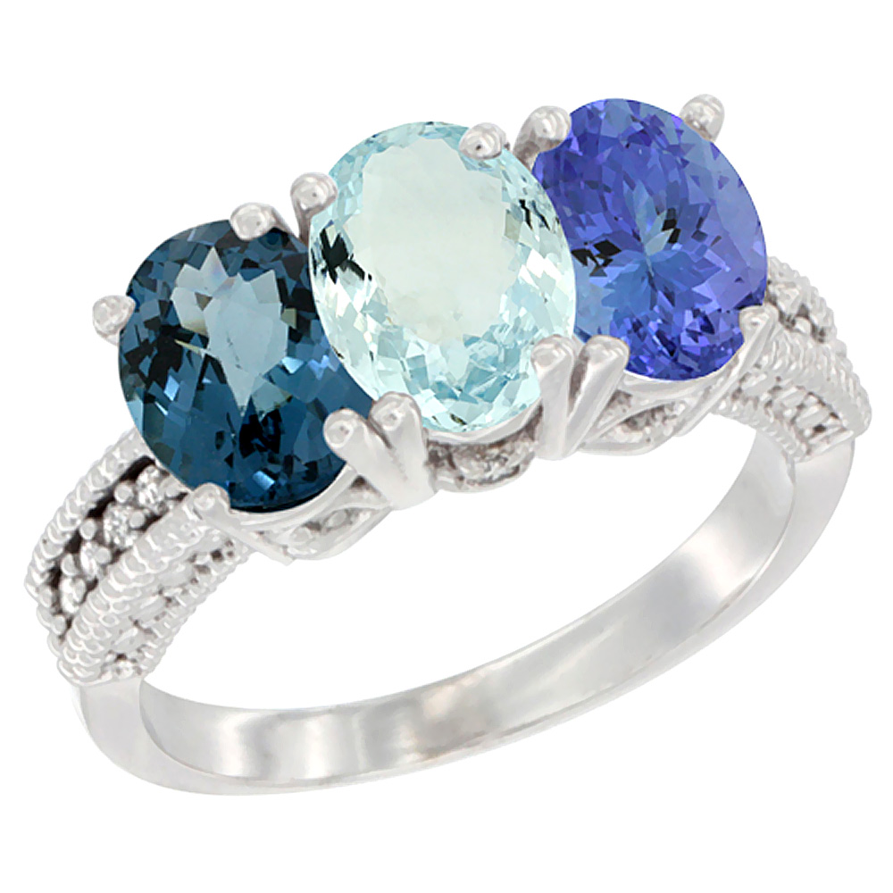 14K White Gold Natural London Blue Topaz, Aquamarine &amp; Tanzanite Ring 3-Stone 7x5 mm Oval Diamond Accent, sizes 5 - 10