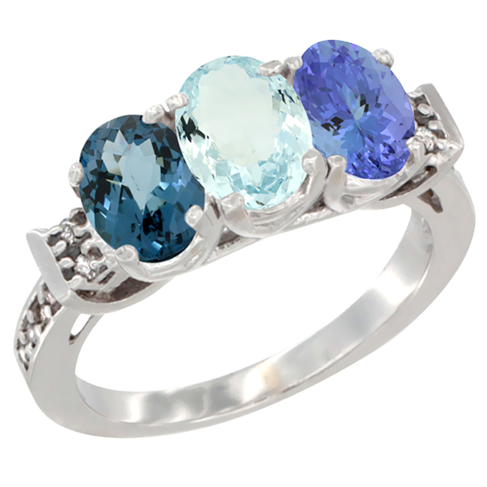 14K White Gold Natural London Blue Topaz, Aquamarine & Tanzanite Ring 3-Stone 7x5 mm Oval Diamond Accent, sizes 5 - 10