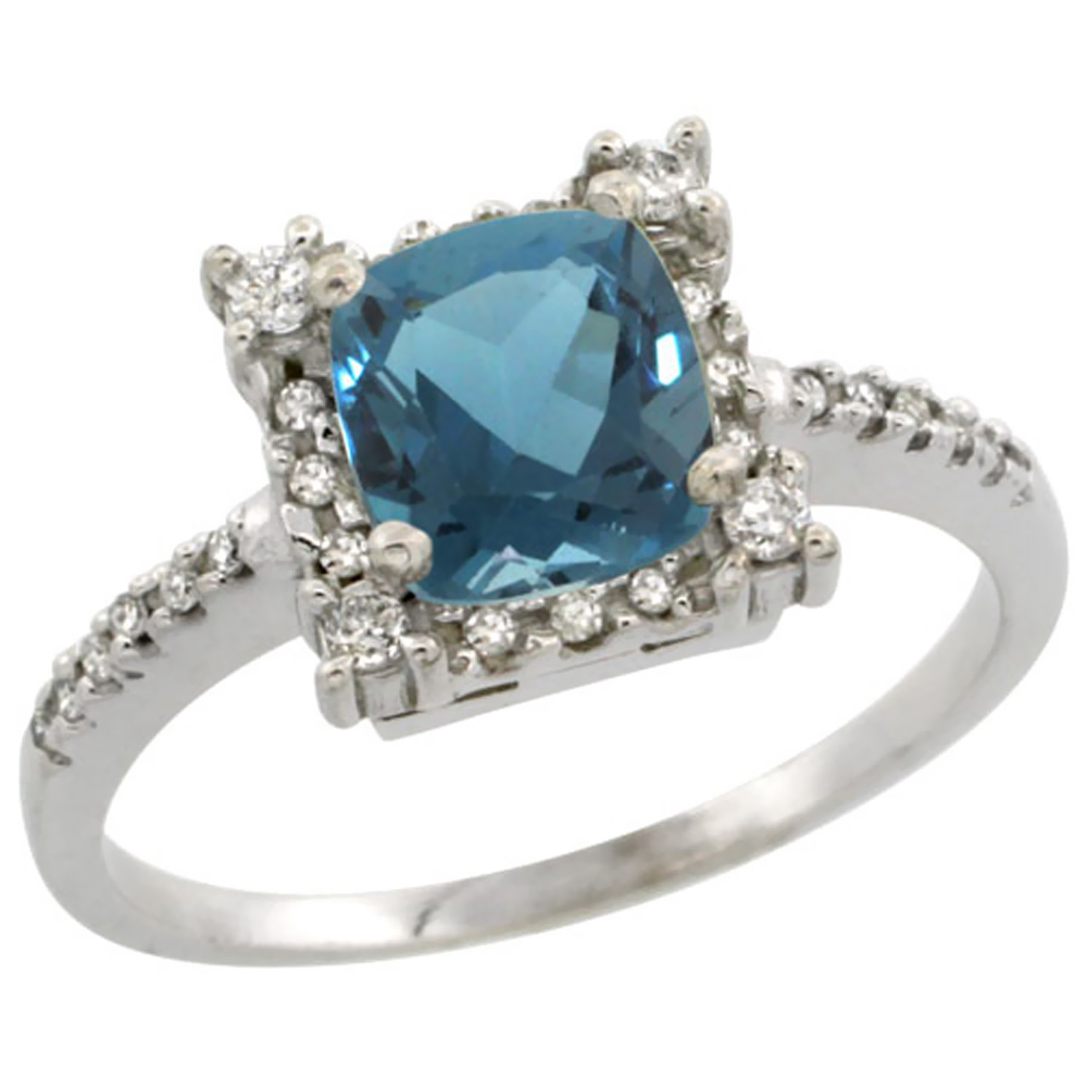 14K White Gold Natural London Blue Topaz Ring Cushion-cut 6x6mm Diamond Halo, sizes 5-10