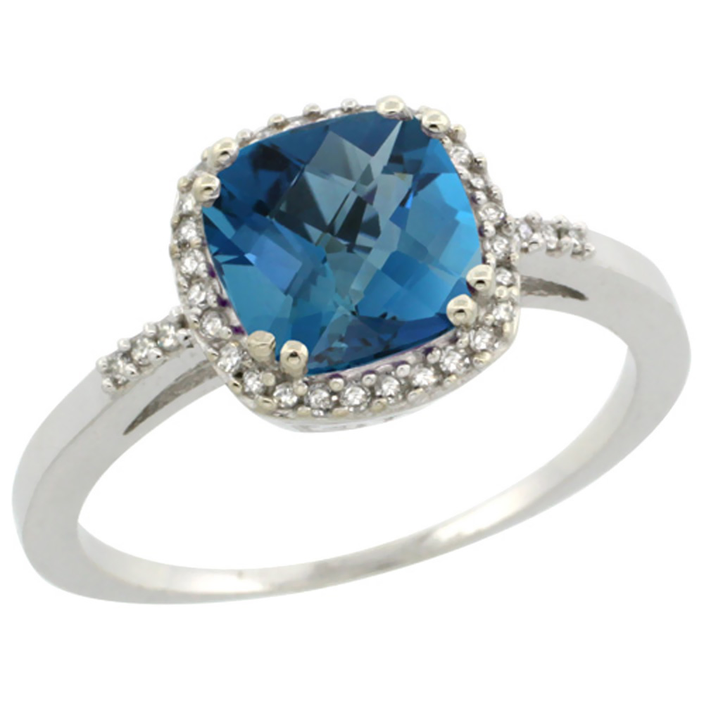 14K White Gold Diamond Natural London Blue Topaz Ring Cushion-cut 7x7mm, sizes 5-10