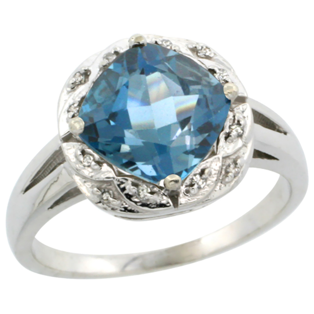 14K White Gold Natural London Blue Topaz Ring Cushion-cut 8x8mm Diamond Halo, sizes 5-10