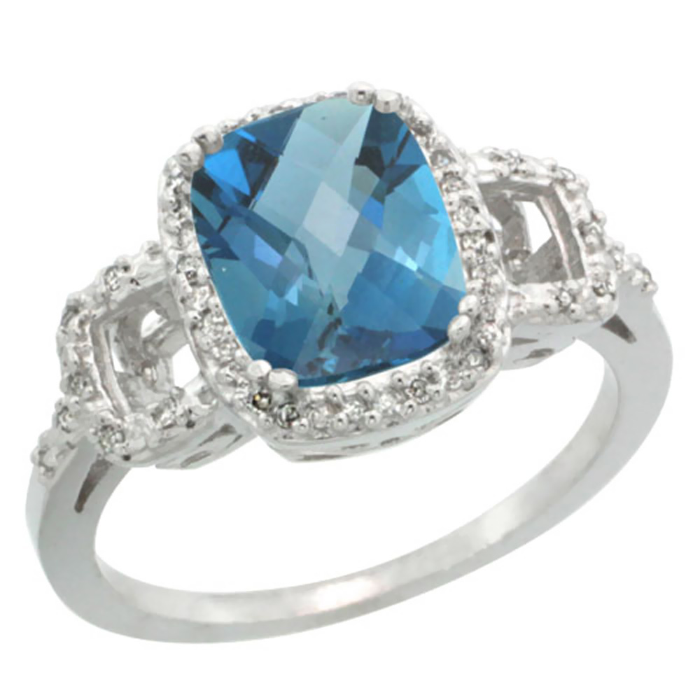 10K White Gold Diamond Natural London Blue Topaz Ring Cushion-cut 9x7mm, sizes 5-10