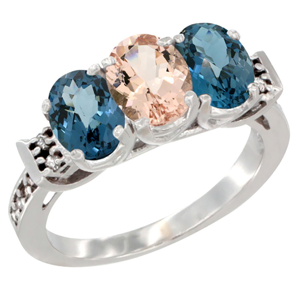 10K White Gold Natural Morganite & London Blue Topaz Sides Ring 3-Stone Oval 7x5 mm Diamond Accent, sizes 5 - 10