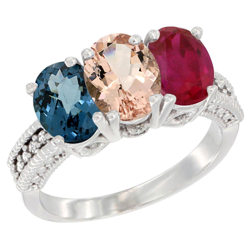 10K White Gold Natural London Blue Topaz, Morganite & Ruby Ring 3-Stone Oval 7x5 mm Diamond Accent, sizes 5 - 10