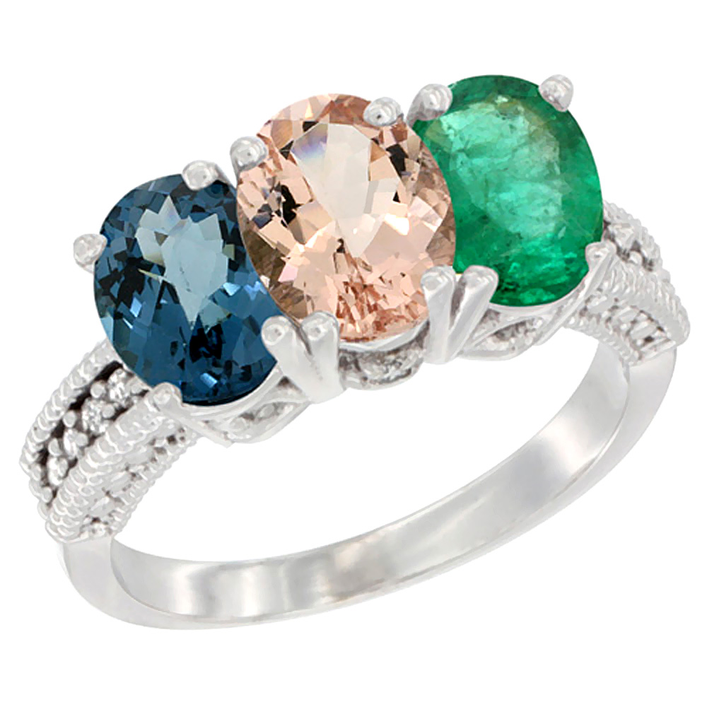 10K White Gold Natural London Blue Topaz, Morganite & Emerald Ring 3-Stone Oval 7x5 mm Diamond Accent, sizes 5 - 10