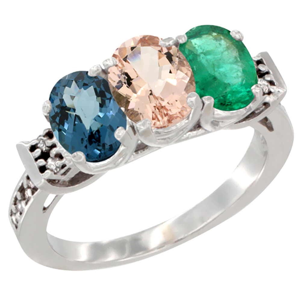 14K White Gold Natural London Blue Topaz, Morganite & Emerald Ring 3-Stone 7x5 mm Oval Diamond Accent, sizes 5 - 10