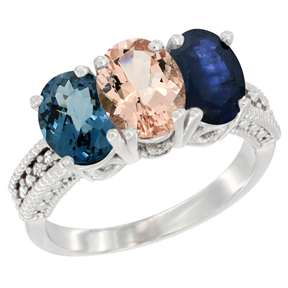 10K White Gold Natural London Blue Topaz, Morganite & Blue Sapphire Ring 3-Stone Oval 7x5 mm Diamond Accent, sizes 5 - 10