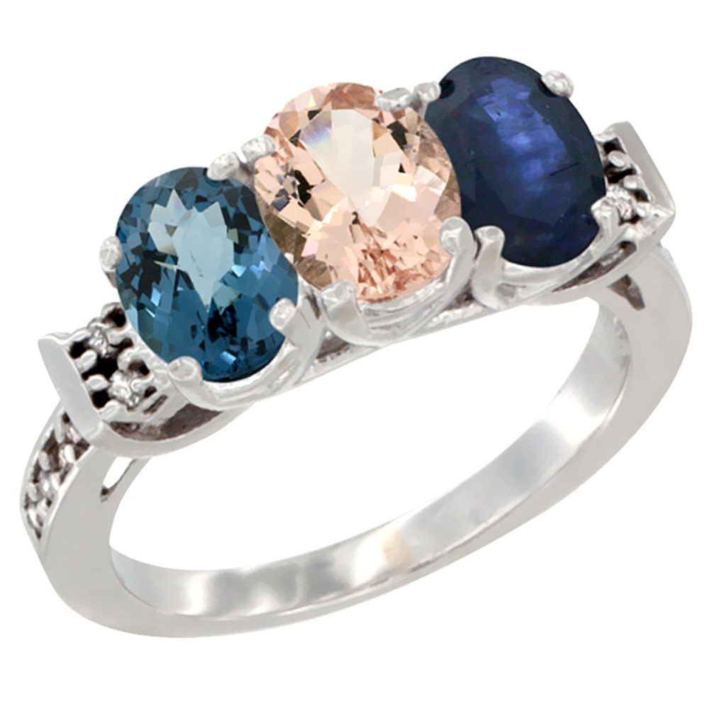 14K White Gold Natural London Blue Topaz, Morganite & Blue Sapphire Ring 3-Stone 7x5 mm Oval Diamond Accent, sizes 5 - 10