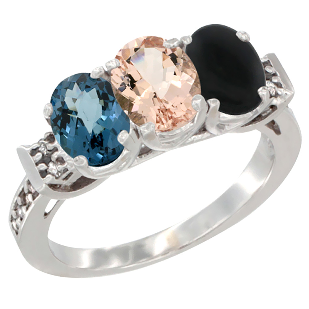 10K White Gold Natural London Blue Topaz, Morganite & Black Onyx Ring 3-Stone Oval 7x5 mm Diamond Accent, sizes 5 - 10