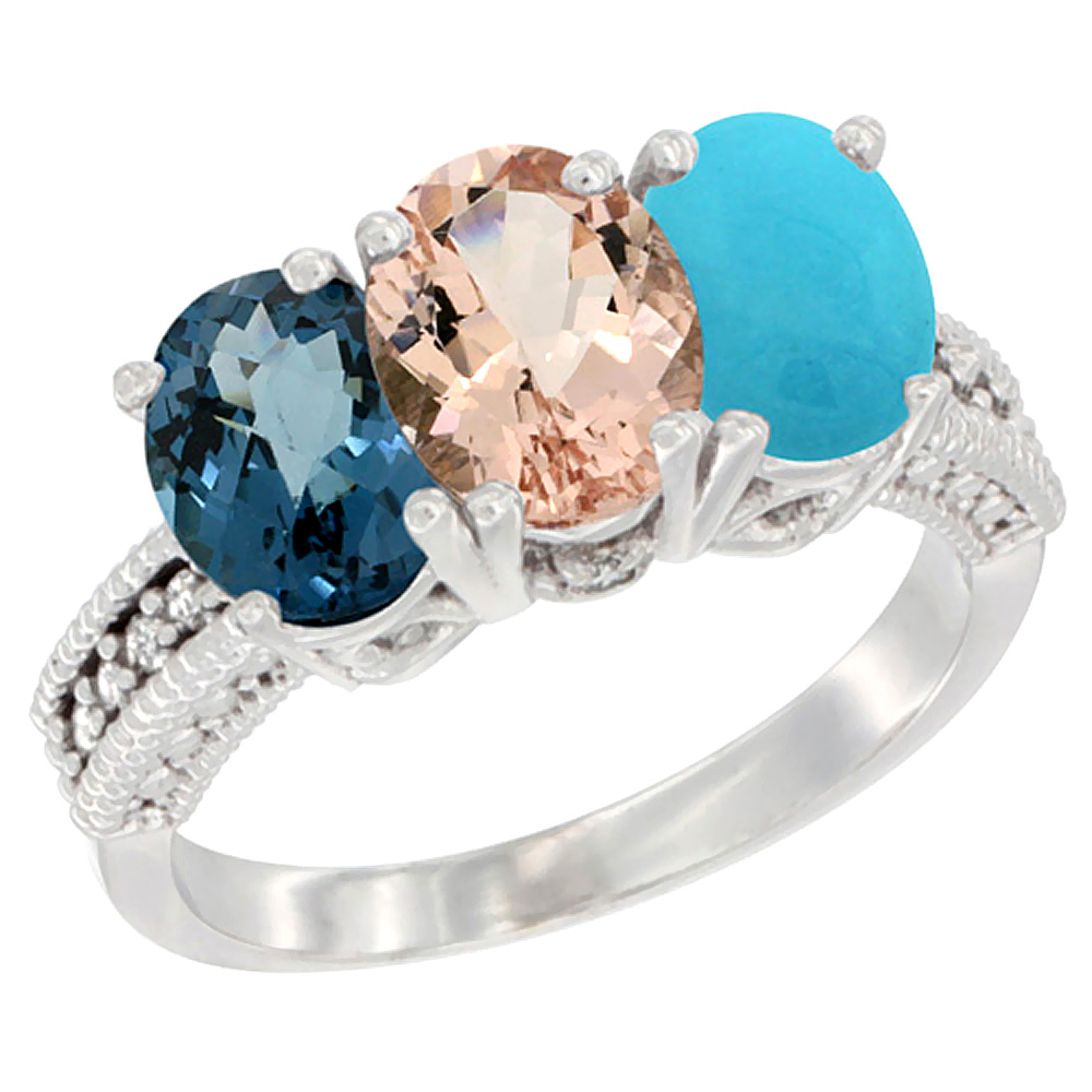 10K White Gold Natural London Blue Topaz, Morganite & Turquoise Ring 3-Stone Oval 7x5 mm Diamond Accent, sizes 5 - 10