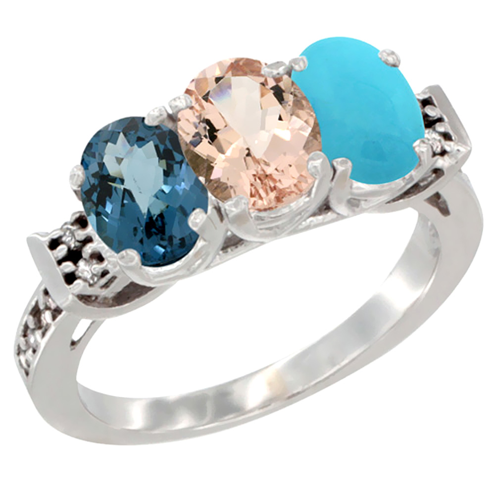 14K White Gold Natural London Blue Topaz, Morganite & Turquoise Ring 3-Stone 7x5 mm Oval Diamond Accent, sizes 5 - 10