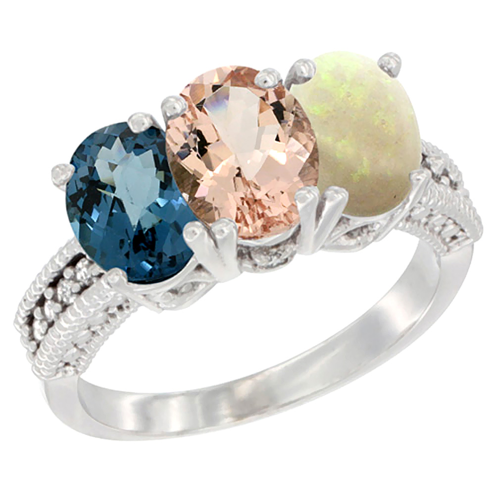 10K White Gold Natural London Blue Topaz, Morganite & Opal Ring 3-Stone Oval 7x5 mm Diamond Accent, sizes 5 - 10