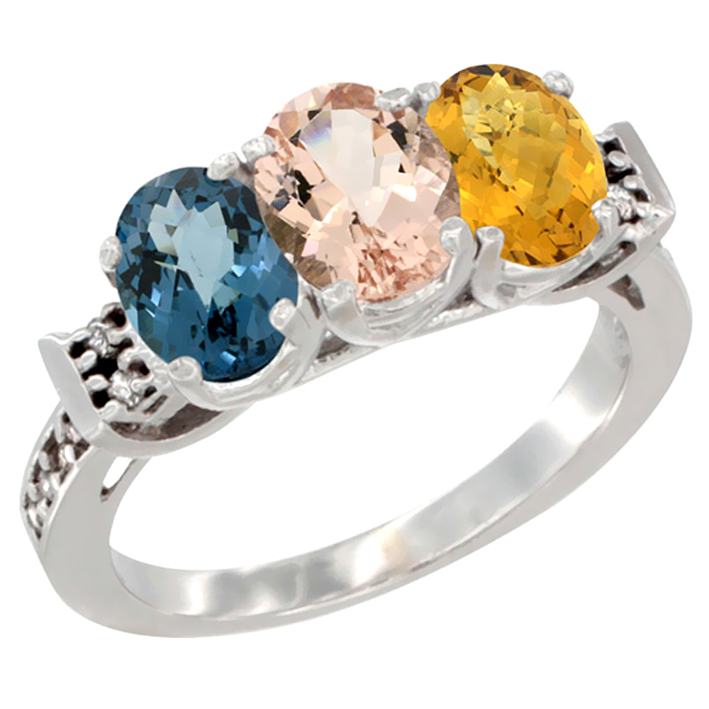 14K White Gold Natural London Blue Topaz, Morganite & Whisky Quartz Ring 3-Stone 7x5 mm Oval Diamond Accent, sizes 5 - 10