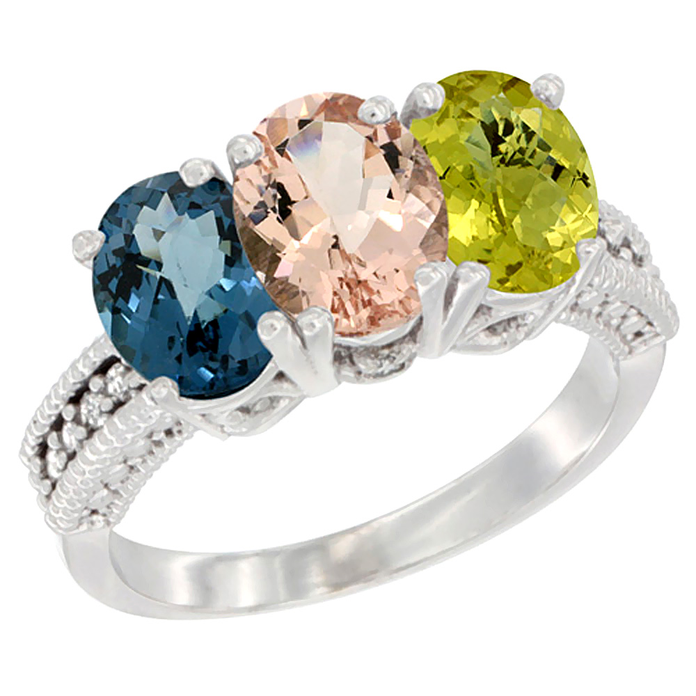 10K White Gold Natural London Blue Topaz, Morganite & Lemon Quartz Ring 3-Stone Oval 7x5 mm Diamond Accent, sizes 5 - 10