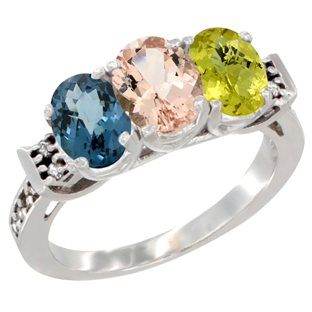 14K White Gold Natural London Blue Topaz, Morganite & Lemon Quartz Ring 3-Stone 7x5 mm Oval Diamond Accent, sizes 5 - 10