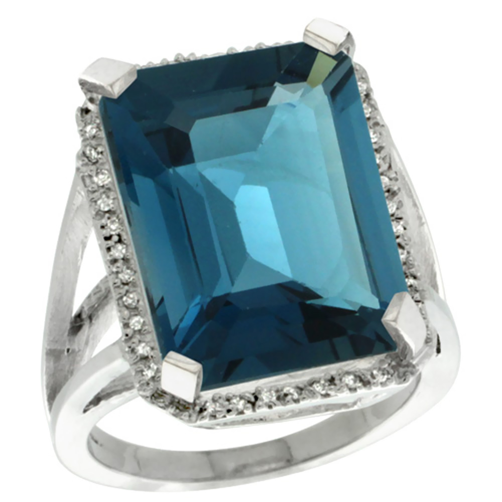 10K White Gold Diamond Natural London Blue Topaz Ring Emerald-cut 18x13mm, sizes 5-10