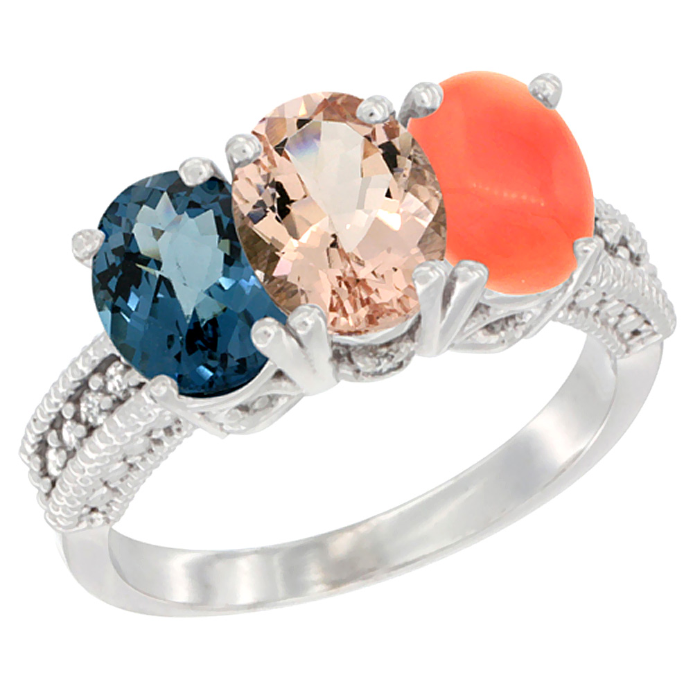 10K White Gold Natural London Blue Topaz, Morganite & Coral Ring 3-Stone Oval 7x5 mm Diamond Accent, sizes 5 - 10