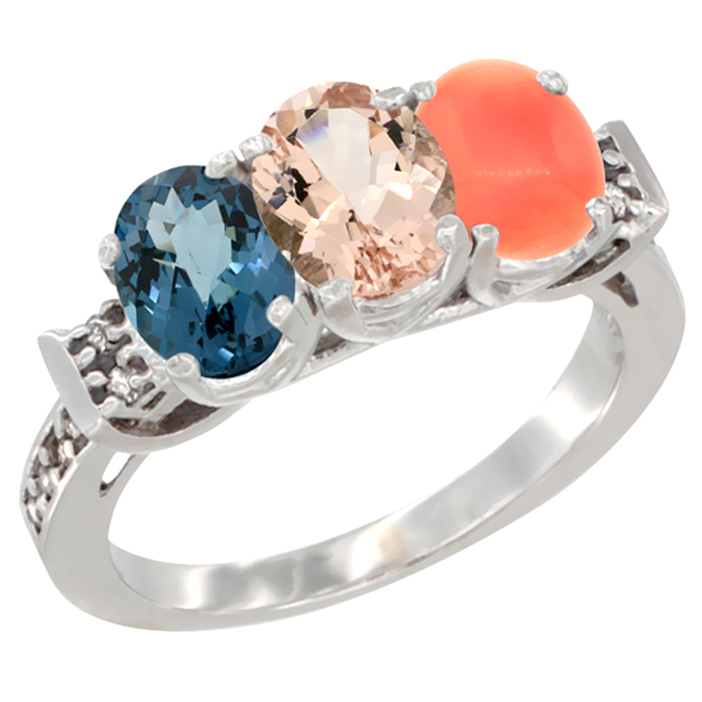 14K White Gold Natural London Blue Topaz, Morganite & Coral Ring 3-Stone 7x5 mm Oval Diamond Accent, sizes 5 - 10