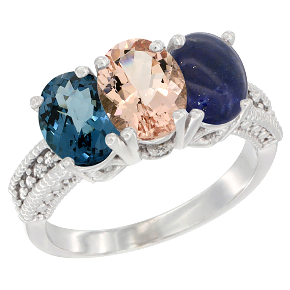 10K White Gold Natural London Blue Topaz, Morganite &amp; Lapis Ring 3-Stone Oval 7x5 mm Diamond Accent, sizes 5 - 10