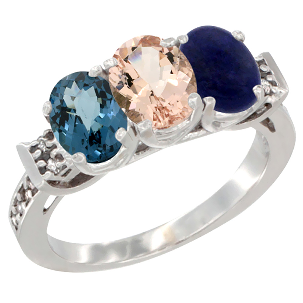 14K White Gold Natural London Blue Topaz, Morganite & Lapis Ring 3-Stone 7x5 mm Oval Diamond Accent, sizes 5 - 10