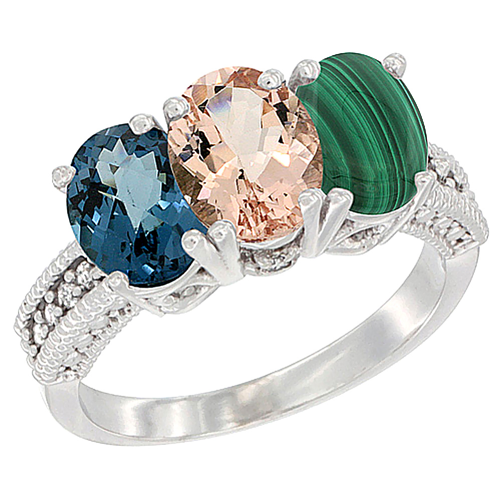 10K White Gold Natural London Blue Topaz, Morganite & Malachite Ring 3-Stone Oval 7x5 mm Diamond Accent, sizes 5 - 10