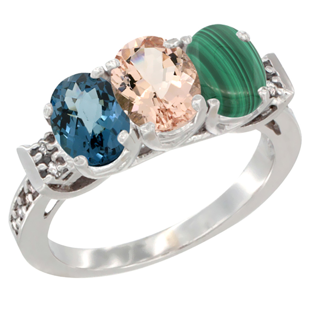 10K White Gold Natural London Blue Topaz, Morganite & Malachite Ring 3-Stone Oval 7x5 mm Diamond Accent, sizes 5 - 10