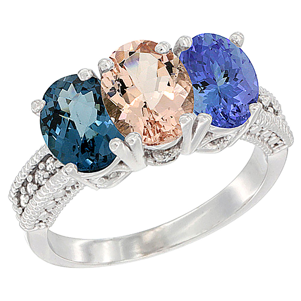 14K White Gold Natural London Blue Topaz, Morganite & Tanzanite Ring 3-Stone 7x5 mm Oval Diamond Accent, sizes 5 - 10